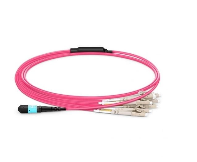 MTP®-16 APC (Female) to 8 LC UPC Duplex OM4 Multimode Elite Breakout Cable, 16 Fibers, Plenum (OFNP), Megenta